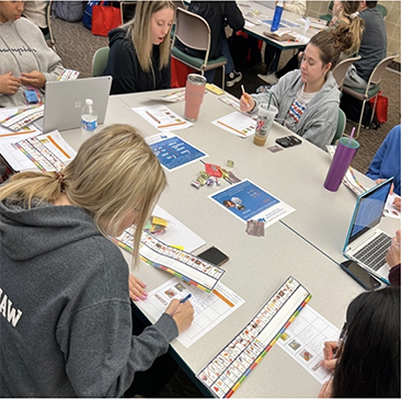 Students sitting around a table with studying supplies